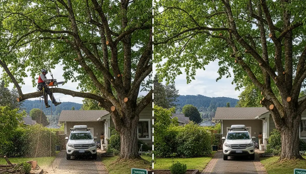 Arborist raising tree canopy for improved clearance on residential property in Tacoma, WA