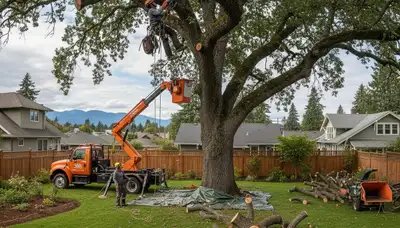 Arborist removing deadwood from mature tree using safety gear and bucket truck in Tacoma, WA