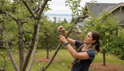 Arborist pruning fruit tree in Tacoma WA backyard orchard for healthy growth and harvest optimization