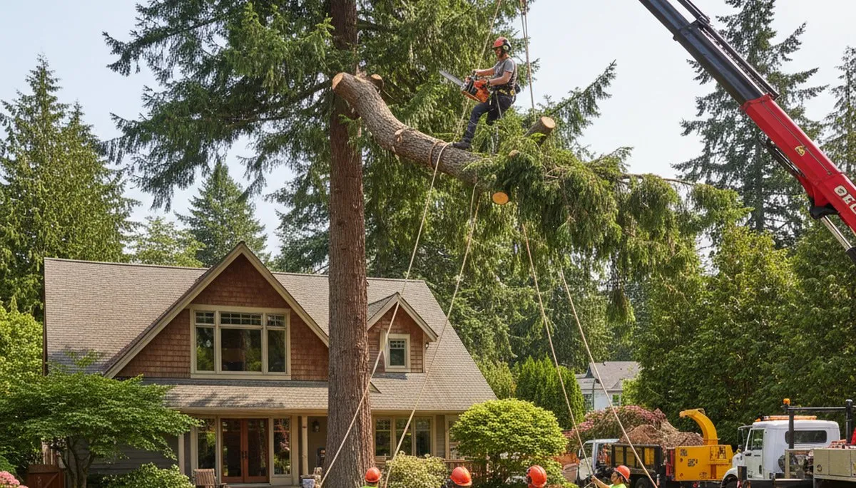 Arborists using bucket truck for large tree removal in Pacific, WA near Tacoma homes