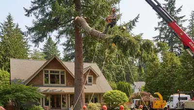 Arborists using bucket truck for large tree removal in Pacific, WA near Tacoma homes