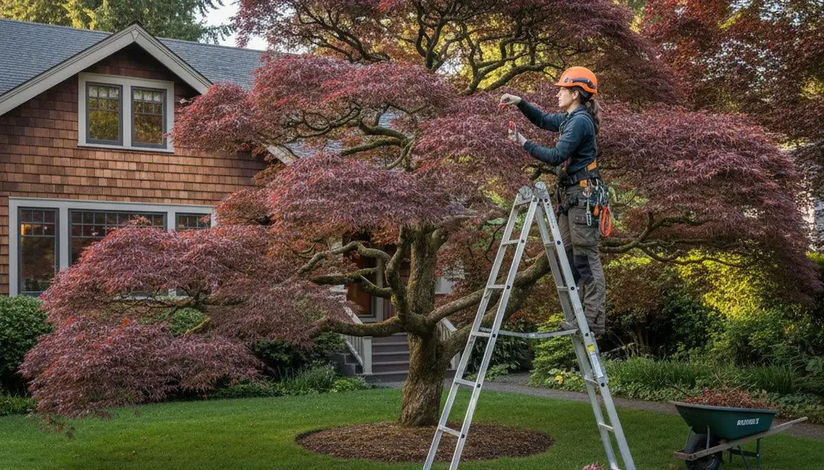 Arborist hand pruning ornamental Japanese maple for residential curb appeal in Tacoma, WA