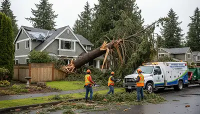 Emergency tree removal crew clearing storm damage in University Place near Tacoma WA homes