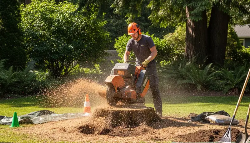 Professional stump grinding service removing tree stumps in Fox Island, WA near Tacoma homes