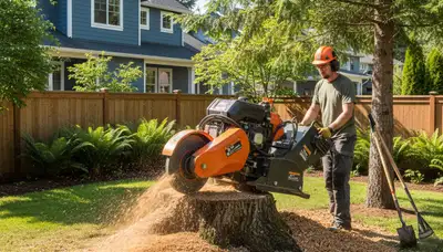 Professional stump grinding service removing tree stumps in Pacific near Tacoma, WA for lawn restoration
