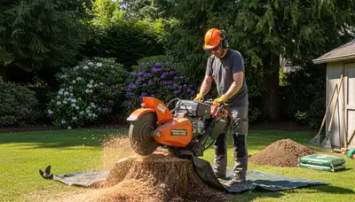 Professional stump grinding service removing tree stumps in University Place, Tacoma WA yard