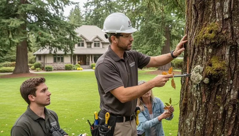 Certified arborist performing tree health assessment for Fox Island homeowners near Tacoma, WA