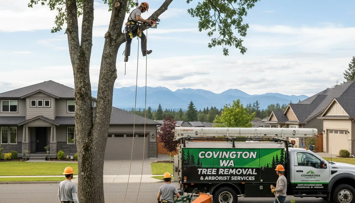 Professional tree removal service crew working in residential yard Tacoma WA