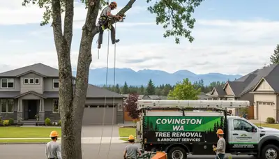 Professional tree removal service crew working in residential yard Tacoma WA