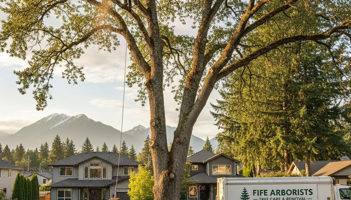 Professional tree removal service in Tacoma WA safely cutting large tree near residential property