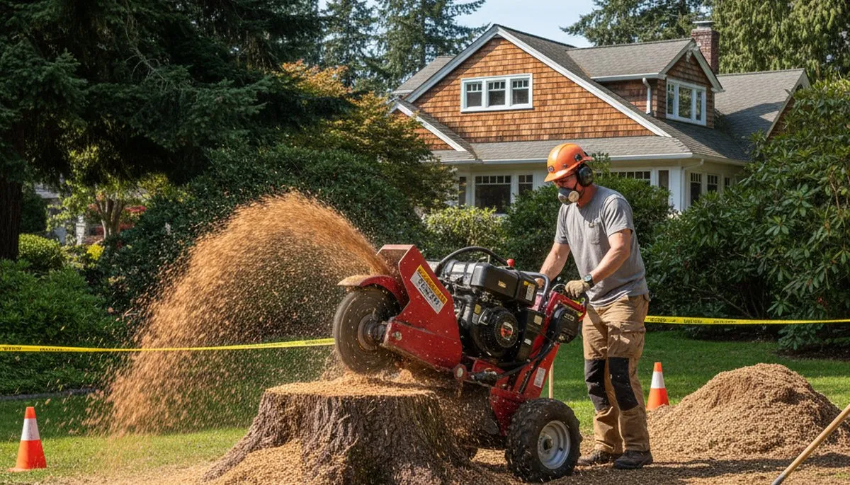 Tree service operator grinding a residential stump with safety equipment in a Pacific Northwest yard.